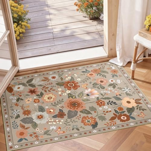 RELEANY Floral Washable 2x3 Area Rugs Doormat Brown/Brick by RELEANY