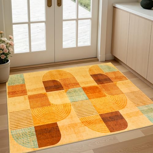 Washable Modern Geometric Entryway Rug, Small Throw Rug Orange 2x3 - Image 2