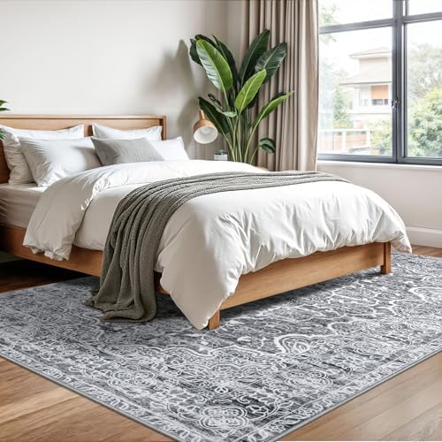 KUTA Living Room Rug 6x9 Grey Blue White Vintage Washable Large Area Rugs - Image 4