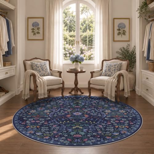 Round Rug 6ft Floral Circle Rug Blue Botanical Indoor Area Rugs - Image 2
