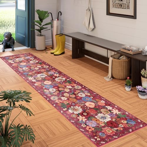 Red Floral Hallway Runner Rug 2x10 - Image 2