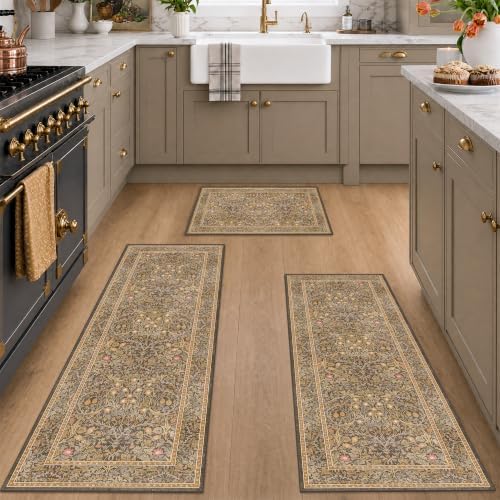 JTJ Brown Kitchen Rug Set of 3, Washable Non Slip Mats by JTJ