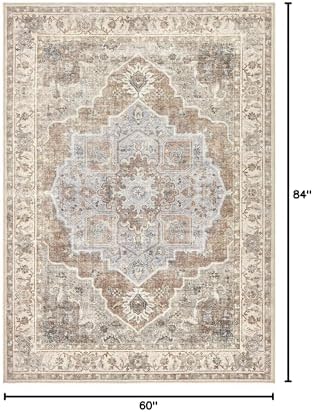 5x7 Washable Area Rug: Vintage Neutral Soft Non Slip Thin Large Floor Carpet - Image 2