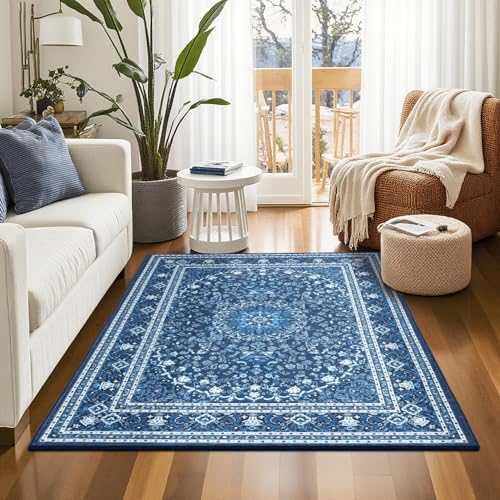 Lessymo 3 x 5 Area Rugs for Living Room, Washable Boho Carpets Blue White - Image 4