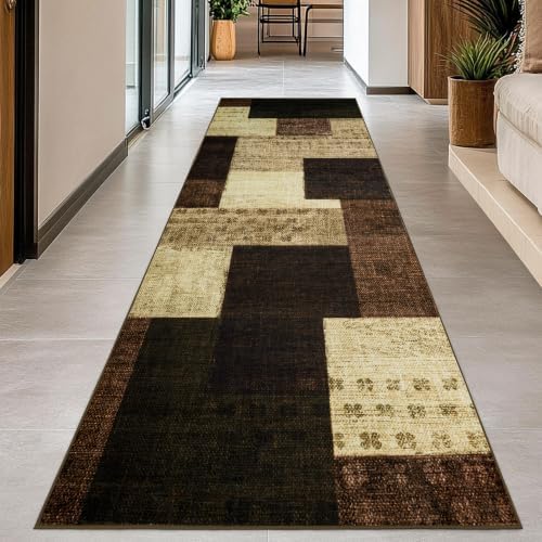 Modern Geometric Patchwork Indoor Taupe Runner Rug - Image 7