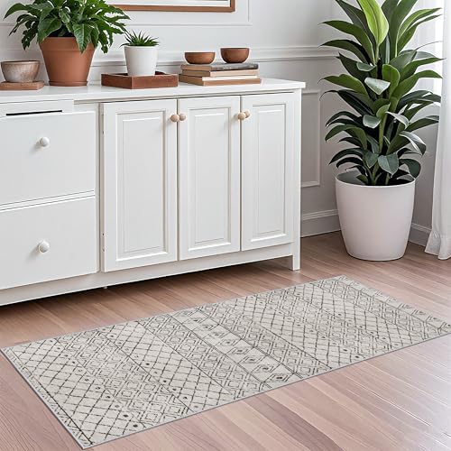 2x5 Rug Runner Moroccan: Washable Hallway Non Slip Runner Geometric Grey - Image 3
