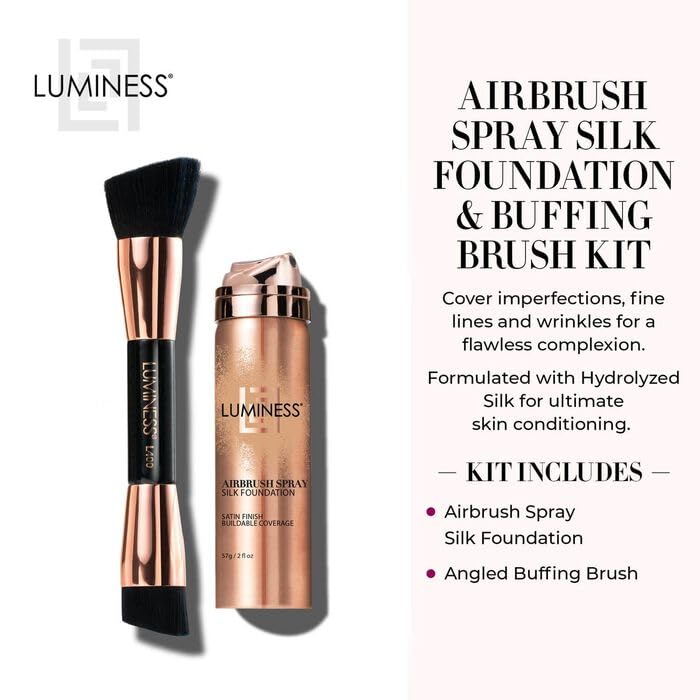 LUMINESS Silk Airbrush Spray Foundation & Buffing Brush Kit – Full Coverage Foundation & Dual-Sided Buffing Brush - Buildable Coverage, Anti-Aging Formula Hydrates & Moisturizes (Shade - Deep Rich)
