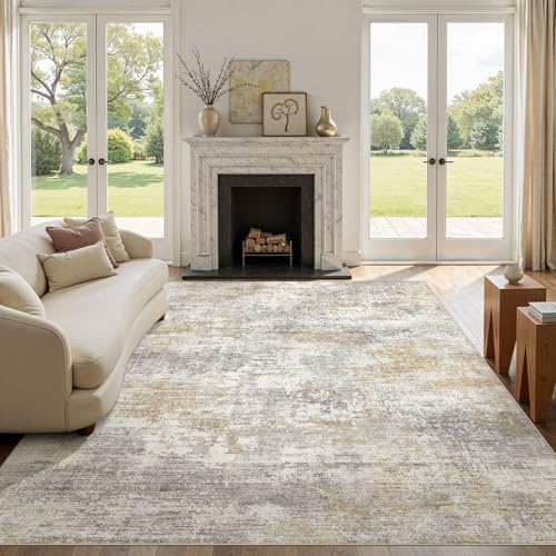 9x13 Area Rugs for Living Room Washable Abstract Rug Gold/Grey - Image 4