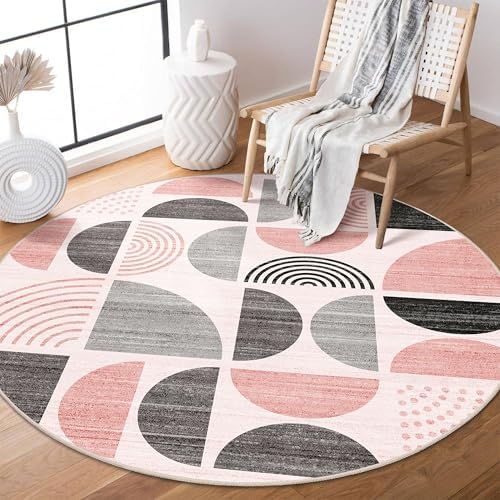MUJOO Round Rug 4ft Small Circle Area Rug Washable Non Slip Modern Abstract by MUJOO