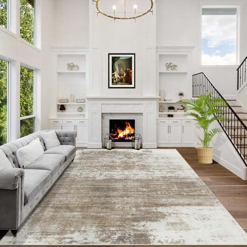 8x10 Area Rugs for Living Room: Washable Abstract Brown White Carpet by GENTDRIZZ