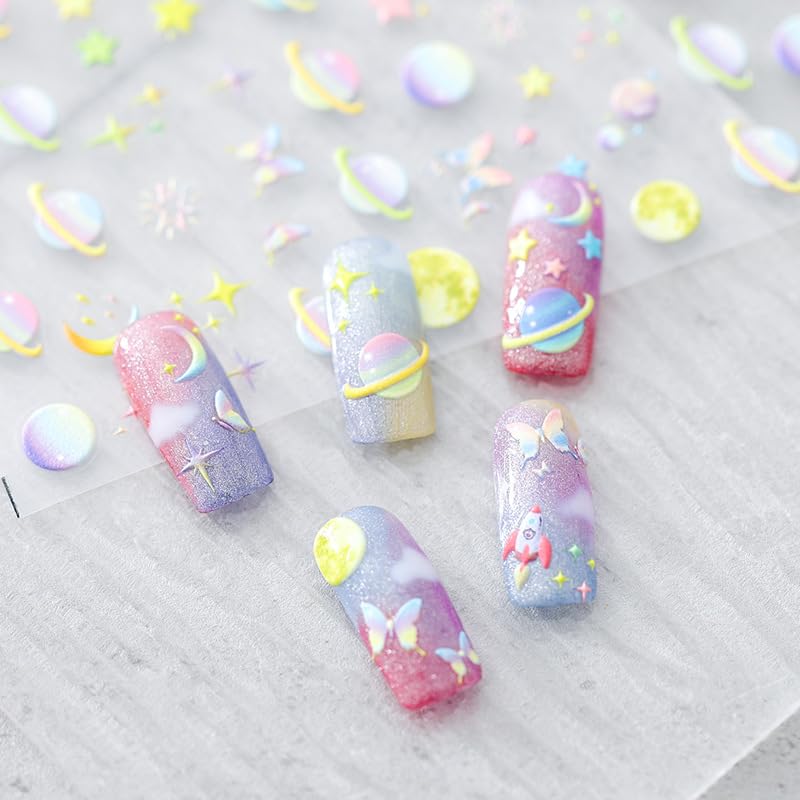 5D Embossed Galaxy Nail Art Stickers Self-Adhesive Nail Stickers for Nail Art Colorful Space Planet Nail Art Decals for Women Girls Kids Nail Supplies Accessories (1, Colorful Planet)