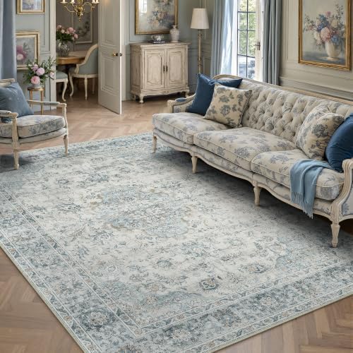 HUGEAR 5x7 Light Blue Retro Floral Washable Area Rug by HUGEAR