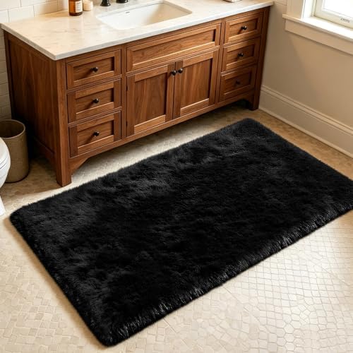 Black 3x5 Area Rugs for Bedroom, Fluffy Shag Rug Small Rug Bedroom Carpet - Image 2