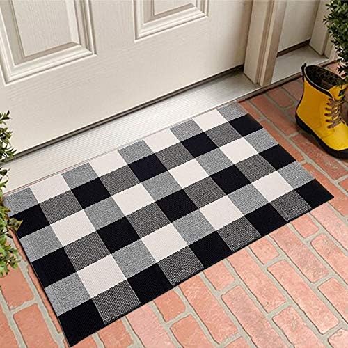 MUBIN Fall Decor Cotton Buffalo Plaid Rug, Washable Doormat Hand-Woven Foldable - Image 5