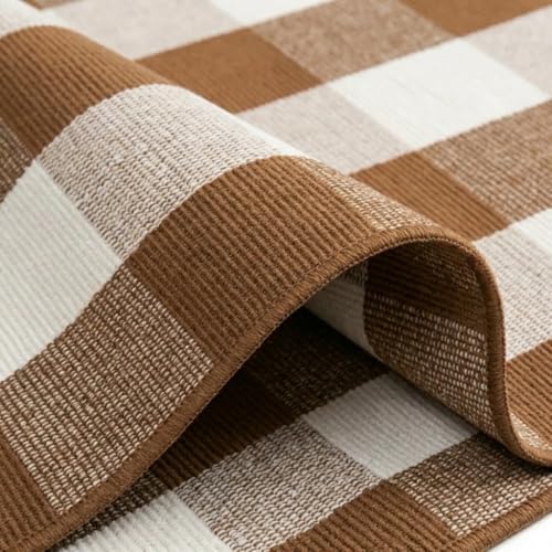 SEEKSEE Fall Decor Buffalo Plaid Outdoor Rug 3' x 5' Coffee and White Front - Image 6