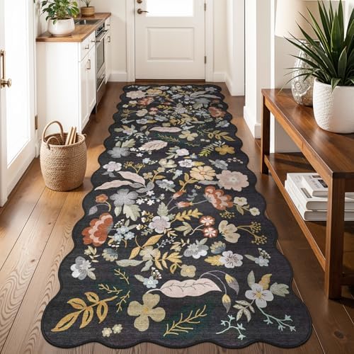 3x8 Floral Runner Rug for Hallway: Washable Wide Soft Carpet Runner Black by BYYVOORugsforYourHome