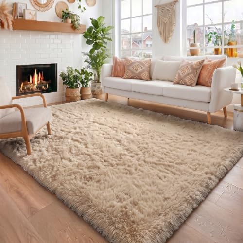 Amdrebio Beige Boho Fluffy Shag Neutral Area Rug 5x7 by Amdrebio