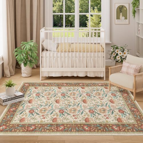 DUKINO 4x6 Area Rug, Washable Vintage Floral Rug - Image 3
