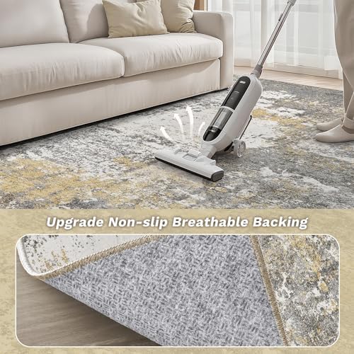 Area Rug Living Room-8X8 Abstract Washable Rug Gold - Image 5