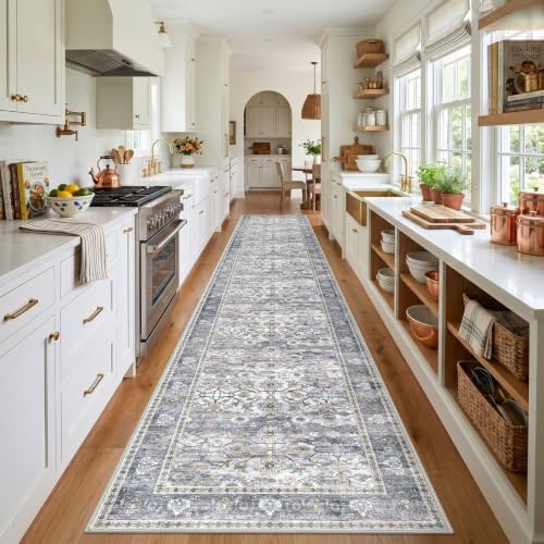 KUTA Vintage Washable Long Hallway Runner Rug 3x16 Grey Blue - Image 2