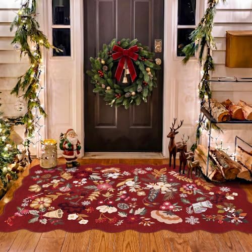 Christmas Red 3x5 Entryway Rug: Scalloped Floral Washable Holiday Door Mat by BYYVOORugsforYourHome