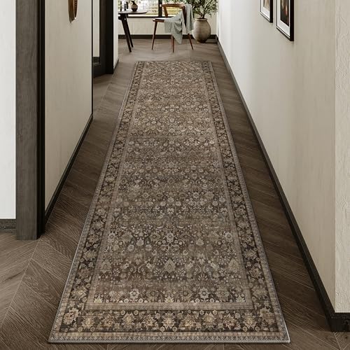 HUGEAR 2x8 Brown Vintage Floral Washable Runner Rug by HUGEAR