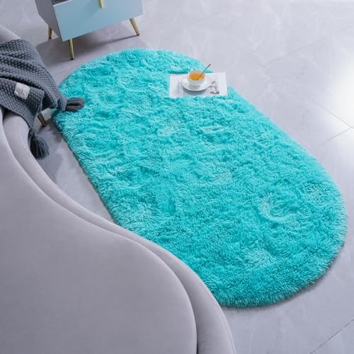 Goideal Fluffy Bedroom Rug, Small Oval Area Rugs, Teal Shag Bedside Carpet - Image 3