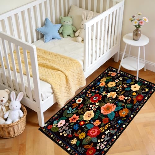 Floral Washable 2x4 Area Rugs Runner Entryway Hallway Black - Image 2
