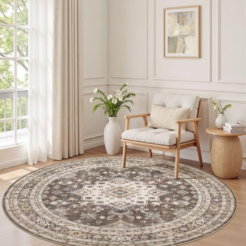 cotiled 6ft Round Living Room Area Rug, Traditional, Dark Brown - Image 2