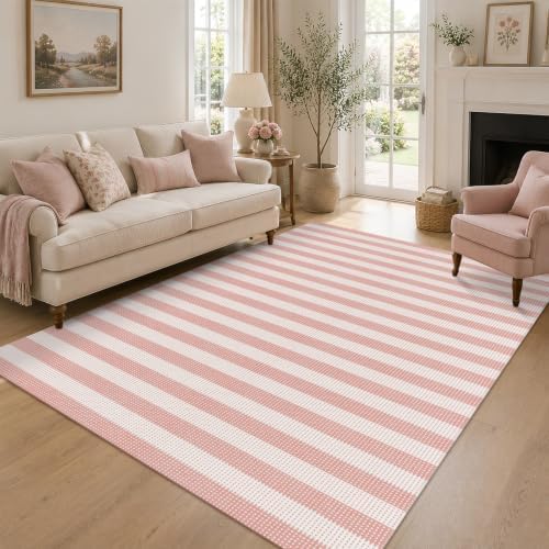 Rugalia Washable Pink Woven 5x7 Area Rug, Natural Striped Cotton Living Room - Image 5