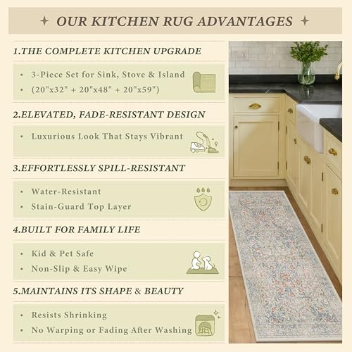 JTJ Vintage Botanical Kitchen Rugs Set of 3, Non Slip Washable Kitchen Mats - Image 5