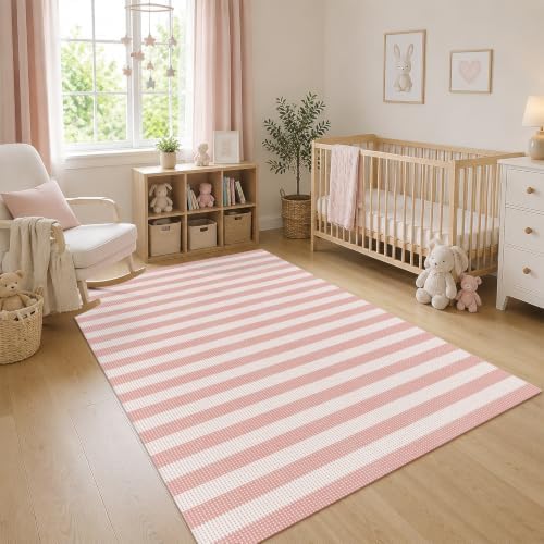Rugalia Washable Pink Woven 5x7 Area Rug, Natural Striped Cotton Living Room - Image 6