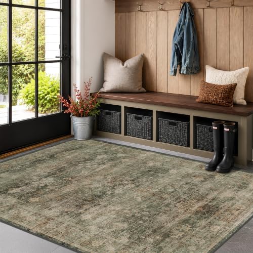 Vintage Moss Green 4x6 Area Rug by Unknown