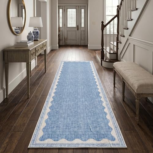 Garvee Washable Hallway Runner Rug 2x6 Runner Rug Bordered Wave Print Blue by Garvee