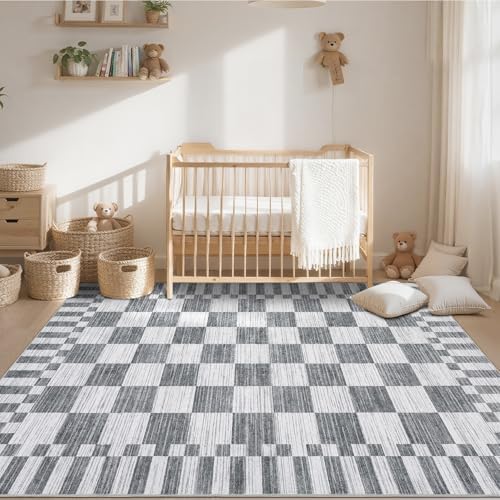 GarveeHome 8x10 Area Rugs Geometric Washable Modern Grey Checkered Rug - Image 3