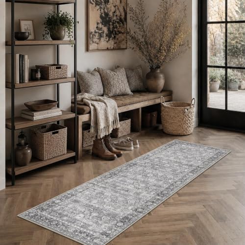 JOOJA 2x6 Grey Vintage Soft Low Pile Non Slip Washable Boho Runner Rug - Image 2