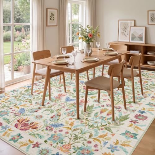 Beige Boho Floral Rug 6x9, Washable Area Rugs - Image 4