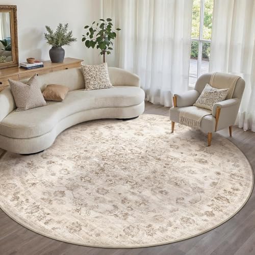 8x8 Beige Neutral Round Rug by WondRg