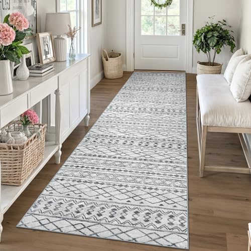 KUTA Moroccan Boho Geometric Washable Runner Rug 2.6x10 Grey Vintage by KUTA