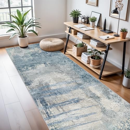3x10 Abstract Modern Extra Long Runner:Non Slip Washable Rug Blue - Image 4