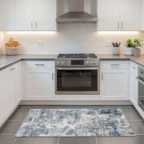 2x4 Rug for Entryway Washable: Non Slip Abstract Runner for Kitchen Blue - Image 3