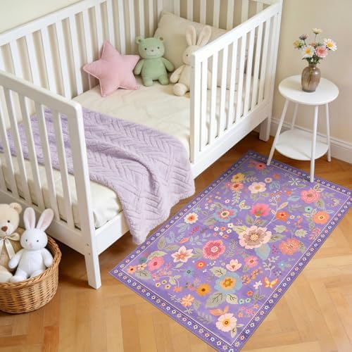 Floral Washable 2x4 Area Rugs Runner Entryway Hallway Purple/Pink - Image 3