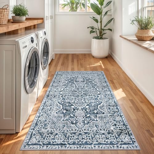 KUTA 3x5 Entryway Rug Washable Area Rugs Vintage Kitchen Rugs Blue White - Image 4
