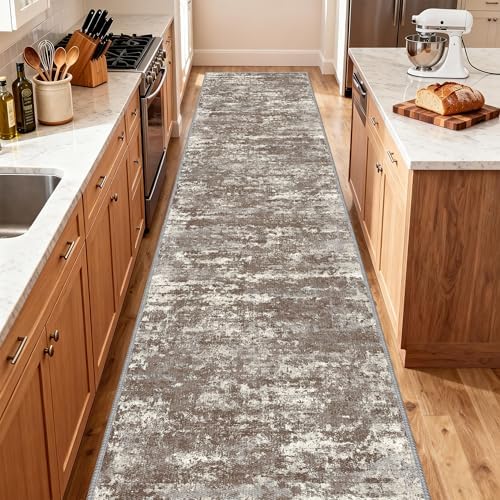 Hallway Runner Rug 3x10 Textured Non Slip Carpet Runner, Abstract Brown by TTelephant