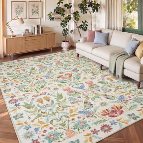 Beige Boho Floral Rug 6x9, Washable Area Rugs by TerradWafs