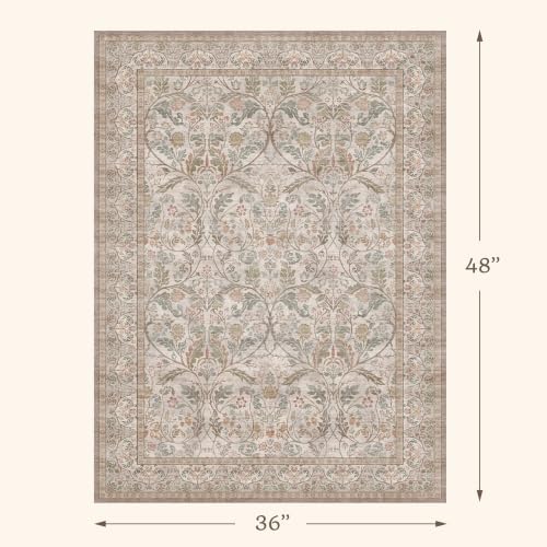 Moss Green Traditional 3x4 Kitchen Area Rug, Vintage Washable Rug - Image 2