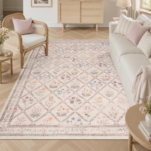 DCX Washable 6x9 Rose Biege Floral Rug - Image 4
