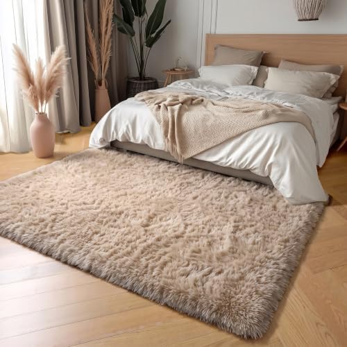 Amdrebio Beige Boho Fluffy Shag Neutral Area Rug 5x7 - Image 3