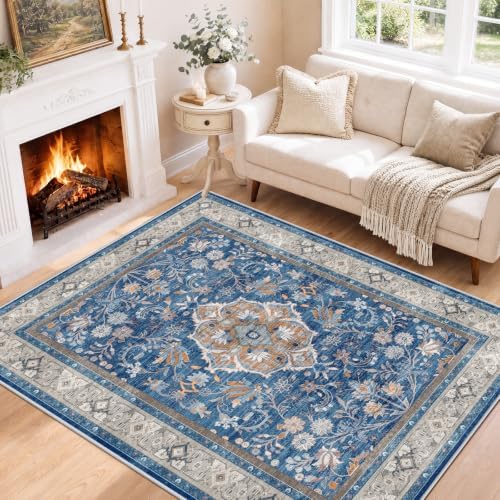 SameBed 5x7 Area Rug Living Room, Vintage Washable Carpet Blue by SameBed
