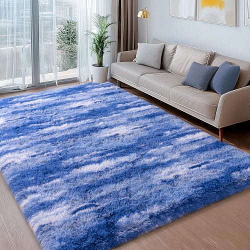 5x7 Shag Rugs for Living Room, Washable Abstract Blue - Image 2